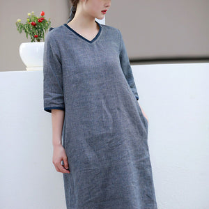 Đầm liền linen ngắn tay cổ V kẻ caro eo thắt dây - NU8786