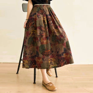 Chân váy linen lưng thun in hoa lá mộc mạc - V093