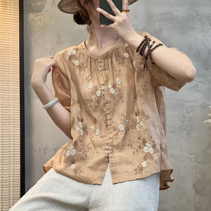 Áo sơ mi linen ngắn cổ tròn xếp ly thêu hoa lá - NU9773