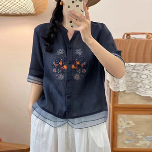 Áo sơ mi organza ngắn tay cổ V thêu hoa lá - NU9808