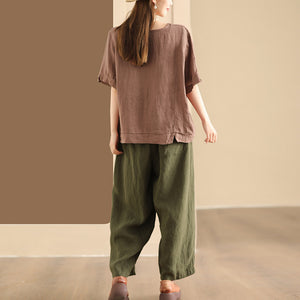 Áo T-shirt linen ngắn tay cổ tròn in hình học - NU10262