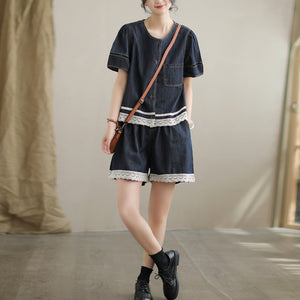 Bộ đồ denim gồm áo sơ mi ngắn tay và quần sooc phối ren - B019