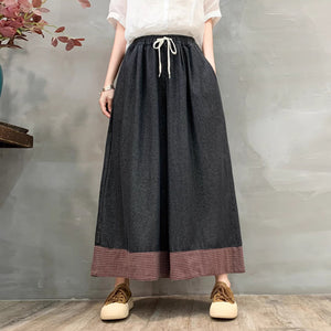 Quần baggy denim lưng thun ống rộng phối caro - Q129