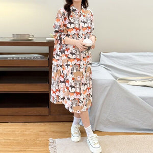 Đầm liền linen dài tay cổ pipi in hoạt hình kiểu sơ mi - D035