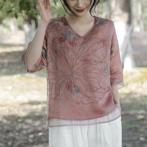 Áo sơ mi linen ngắn tay cổ V thêu hoa nổi hai lớp sắc màu - NU9917
