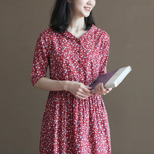 Đầm liền linen ngắn tay cổ pipi in hoa lá liti - NU10018