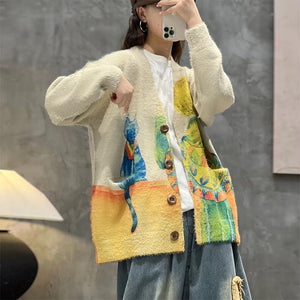 Áo khoác len cashmere dài tay cổ V in cô gái và chú mèo - NU9276