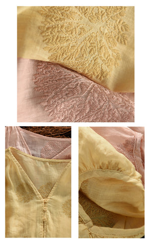 Áo sơ mi linen tay lửng cổ V thêu hoa văn đồng màu - A928