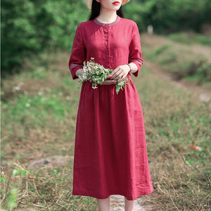 Đầm liền linen dài tay cổ tròn viền in hoa retro - NU9547