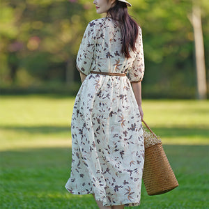 Đầm liền linen ngắn tay cổ V ba khuy in hoa lá - NU9035