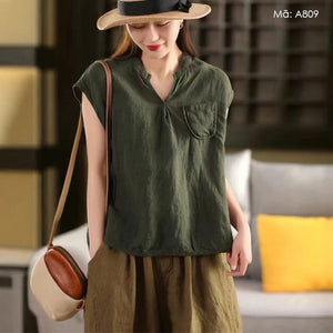 Áo sơ mi linen sát nách cổ trái tim một túi - A806