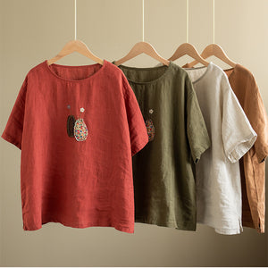 Áo T-shirt linen ngắn tay cổ tròn thêu cặp bình hoa - NU9885