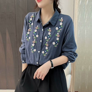 Áo sơ mi linen dài tay cổ đức thêu hoa song song trước ngực - NU10337