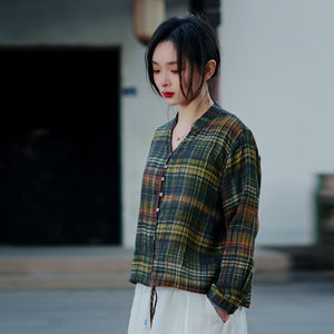 Áo sơ mi linen dài tay cổ V kẻ sọc caro - NU9747