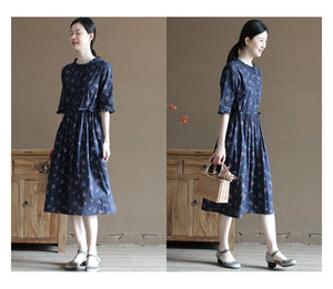 Đầm liền linen ngắn tay cổ đứng in những bó hoa liti - NU10017