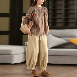 Áo sơ mi linen dài tay cổ đứng thêu retro kẻ sọc - A740