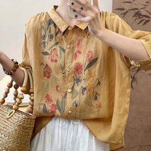 Áo sơ mi linen ngắn tay cổ đức in hoa hồng - NU10095