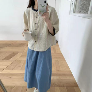 Áo sơ mi ngắn tay kiểu bồng cổ tròn bo viền - A923