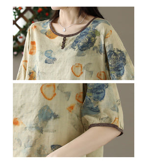 Áo sơ mi linen ngắn tay cổ tròn in hoa lá 3 khuy - NU10310