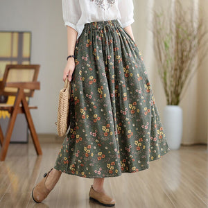 Chân váy linen lưng thun dây rút in hoa vintage - NU10179