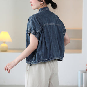 Áo khoác denim ngắn tay bo chun cổ đức - A865