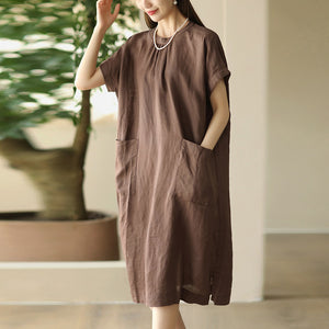 Đầm liền linen ngắn tay cổ tròn khuy cài sau hai túi vuông - D006
