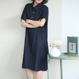Đầm liền denim ngắn tay cổ đức chiết eo - NU10338