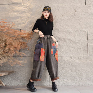 Quần baggy denim lưng thun ống rộng kiểu chắp vá - Q100