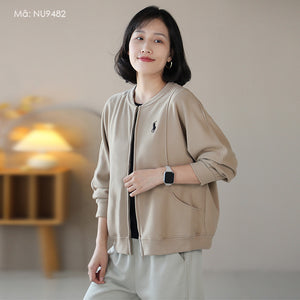 Áo khoác bóng chày nỉ dài tay một màu khóa kéo - NU9479