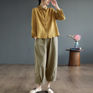 Áo sơ mi linen dài tay cổ đức thêu khuy sắc màu - NU9803