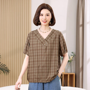 Áo sơ mi ngắn tay cổ V hai khuy kẻ caro - A908