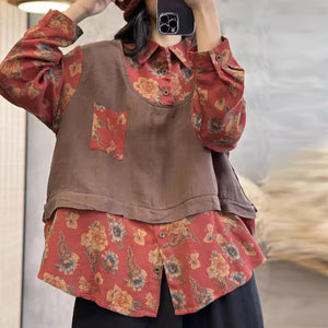 Áo sơ mi linen dài tay cổ đức kiểu hai mảnh in hoa lá - NU9273