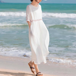 Đầm liền linen retro ngắn tay cổ tròn thêu đường viền - NU9045