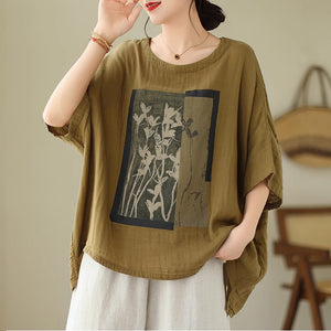 Áo T-shirt linen ngắn tay cổ tròn form rộng in hoa lá - NU8898