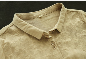 Áo sơ mi linen dài tay cổ pipi thêu hoa lá - NU9688