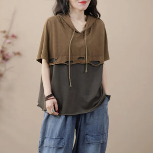 Áo hoodies ngắn tay hai mảng màu vạt kiểu rách - NU8726