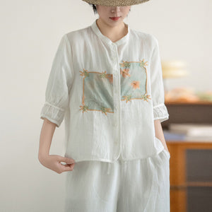 Áo sơ mi linen ngắn tay cổ đứng thêu miếng vá hoa lá  - A852