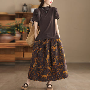 Chân váy linen retro lưng thun in hoa mùa xuân - NU9840
