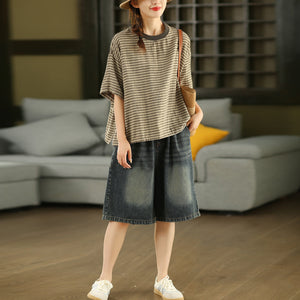 Áo T-shirt ngắn tay cổ tròn kẻ sọc ngang form rộng - A964