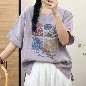 Áo T-shirt linen ngắn tay cổ tròn in hoa lá và chim retro - NU10357