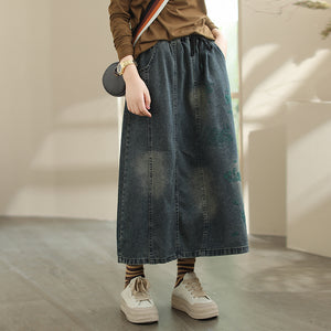 Chân váy denim lưng thun thêu retro bạc màu - V027