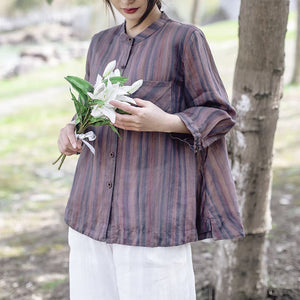Áo sơ mi linen jacquard tay lửng cổ đứng kẻ sọc - NU9910