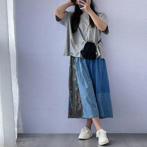 Chân váy linen lưng thun thêu chắp vá kẻ sọc - NU10098