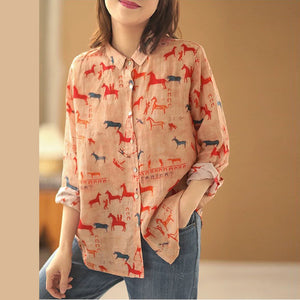 Áo sơ mi linen dài tay cổ đức in những chú ngựa - A916