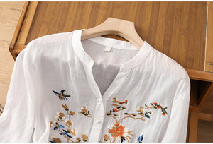 Áo sơ mi linen ngắn tay cổ tròn chữ V thêu hoa lá - NU8831
