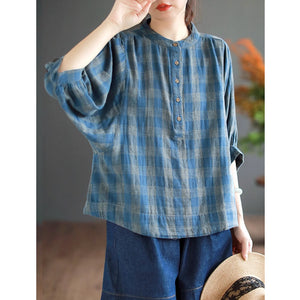 Áo T-shirt linen ngắn tay cổ đứng kẻ caro - NU8992