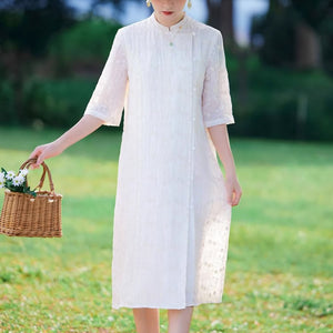 Đầm liền linen retro ngắn tay cổ đứng thêu hoa văn vạt lệch - NU9049