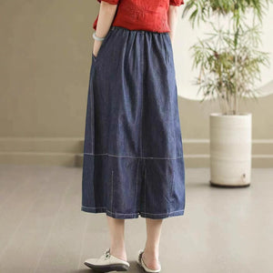 Chân váy denim lưng thun kiểu xẻ tà sau - V104