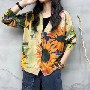 Áo khoác len cardigan dài tay cổ V in hoa hướng dương - NU9230