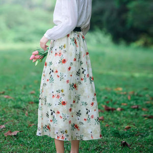 Chân váy linen retro lưng cao in hoa lá hai túi chéo - NU9047